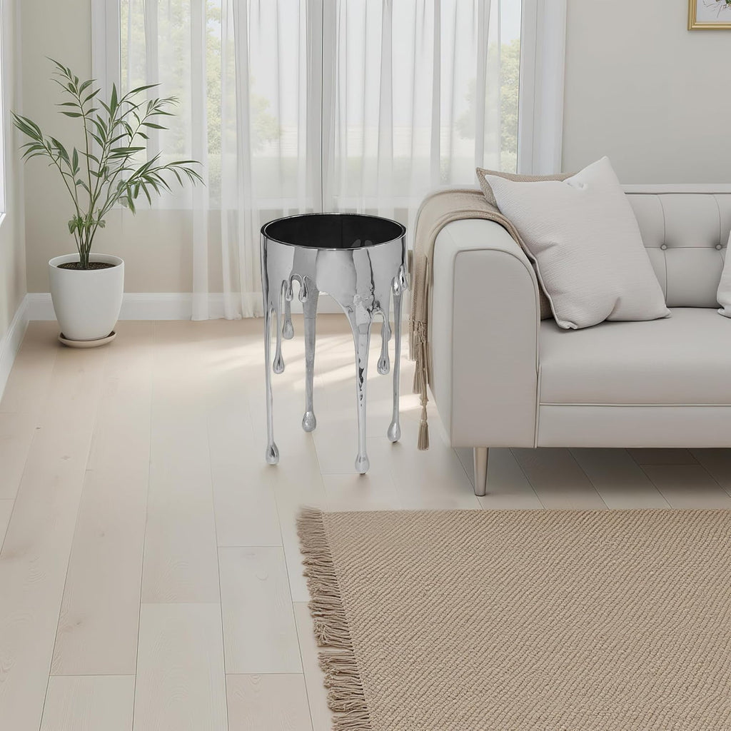 TUP THE URBAN PORT Capri Side End Table, 24.75 Inch Round Glass Top, Silver Finish, Melting Drip Design Base, Modern Glam Accent Table for Living Room, Bedroom and Home Decor Display