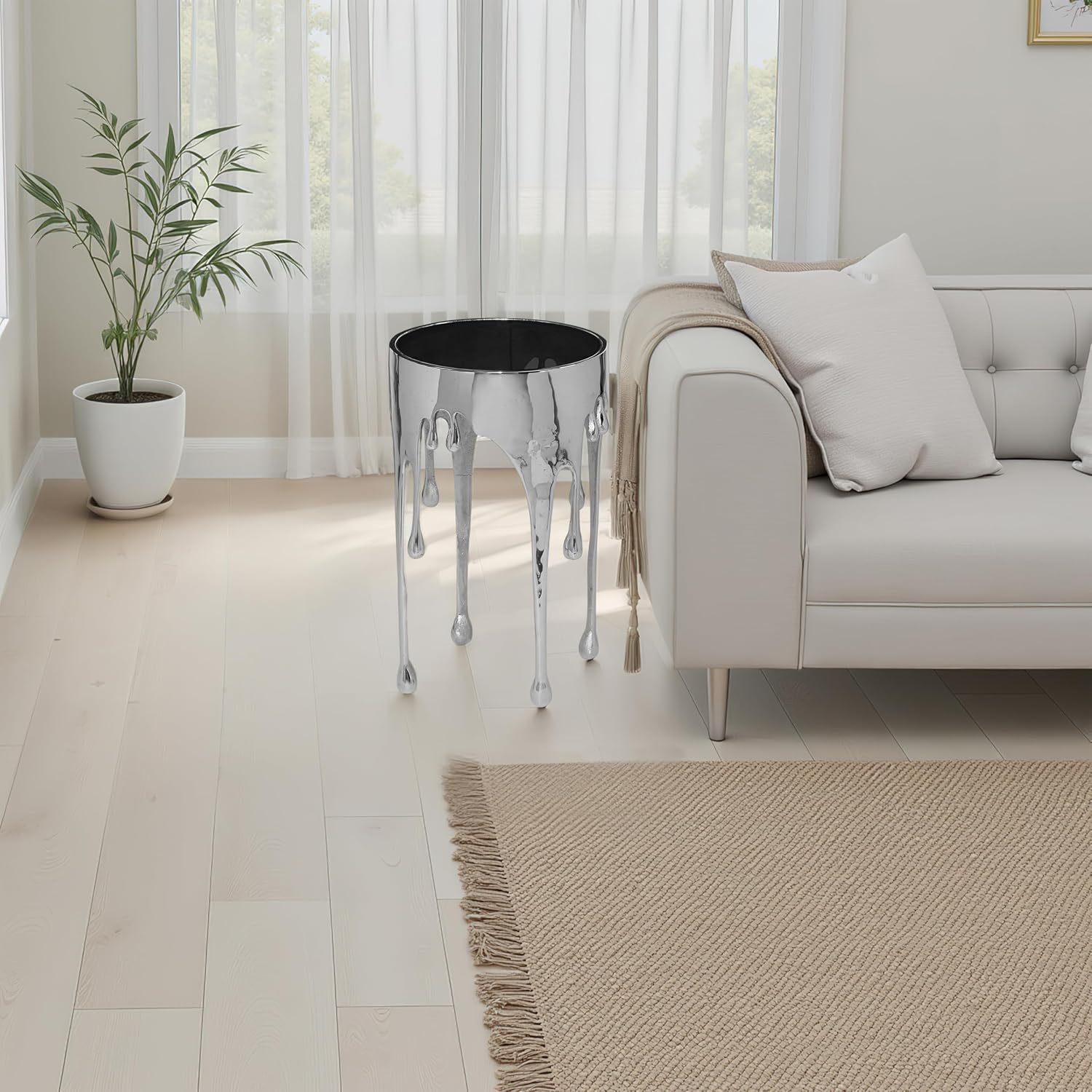 TUP THE URBAN PORT Capri Side End Table, 24.75 Inch Round Glass Top, Silver Finish, Melting Drip Design Base, Modern Glam Accent Table for Living Room, Bedroom and Home Decor Display