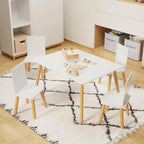 Table & 4 Chairs Set is for Boys Girls, 5-Piece Wooden Activity Table Set with Solid Wood Legs, Boys Girls Play Table & Chair Set for Drawing, Reading, Learning & Dining, White+Natural