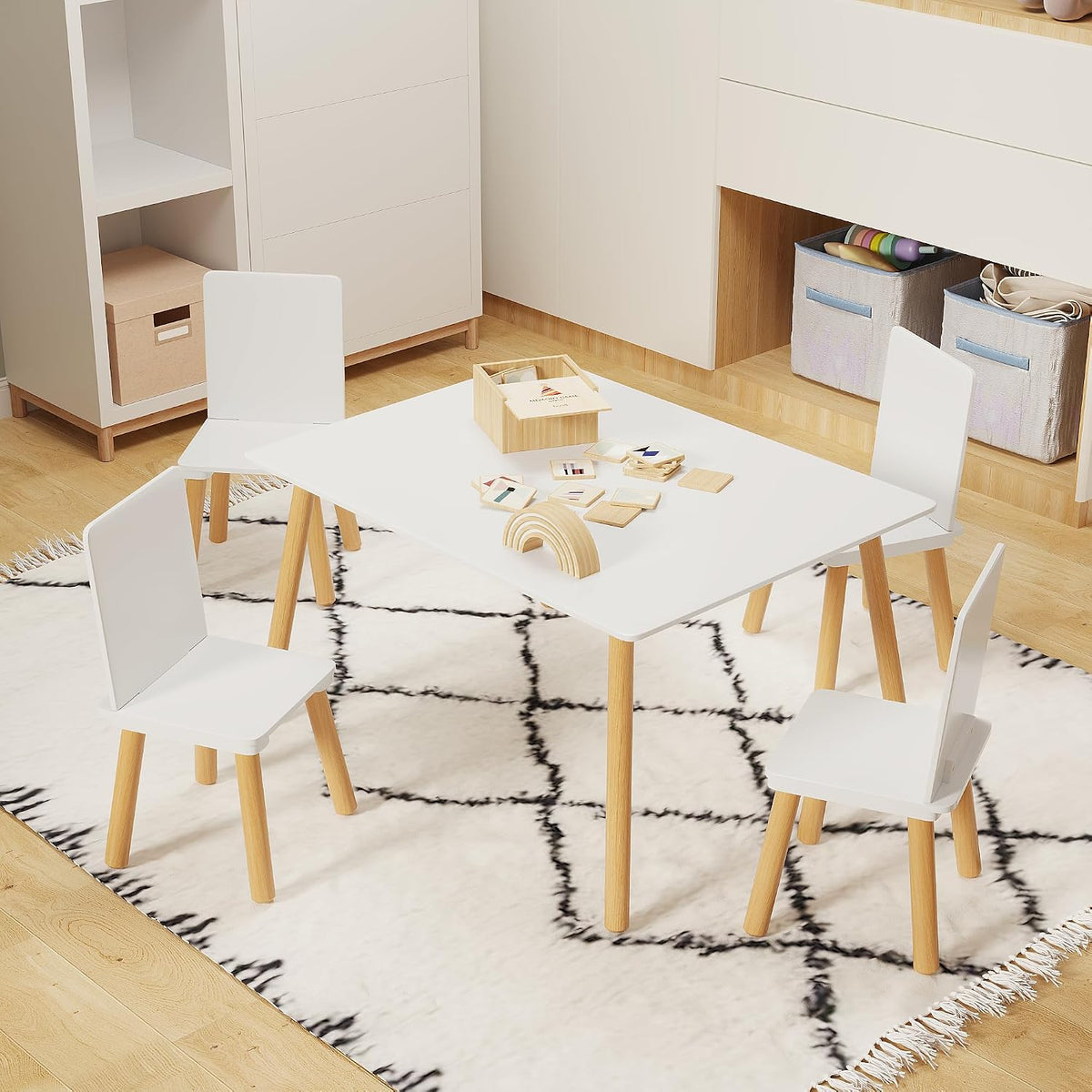Table & 4 Chairs Set is for Boys Girls, 5-Piece Wooden Activity Table Set with Solid Wood Legs, Boys Girls Play Table & Chair Set for Drawing, Reading, Learning & Dining, White+Natural