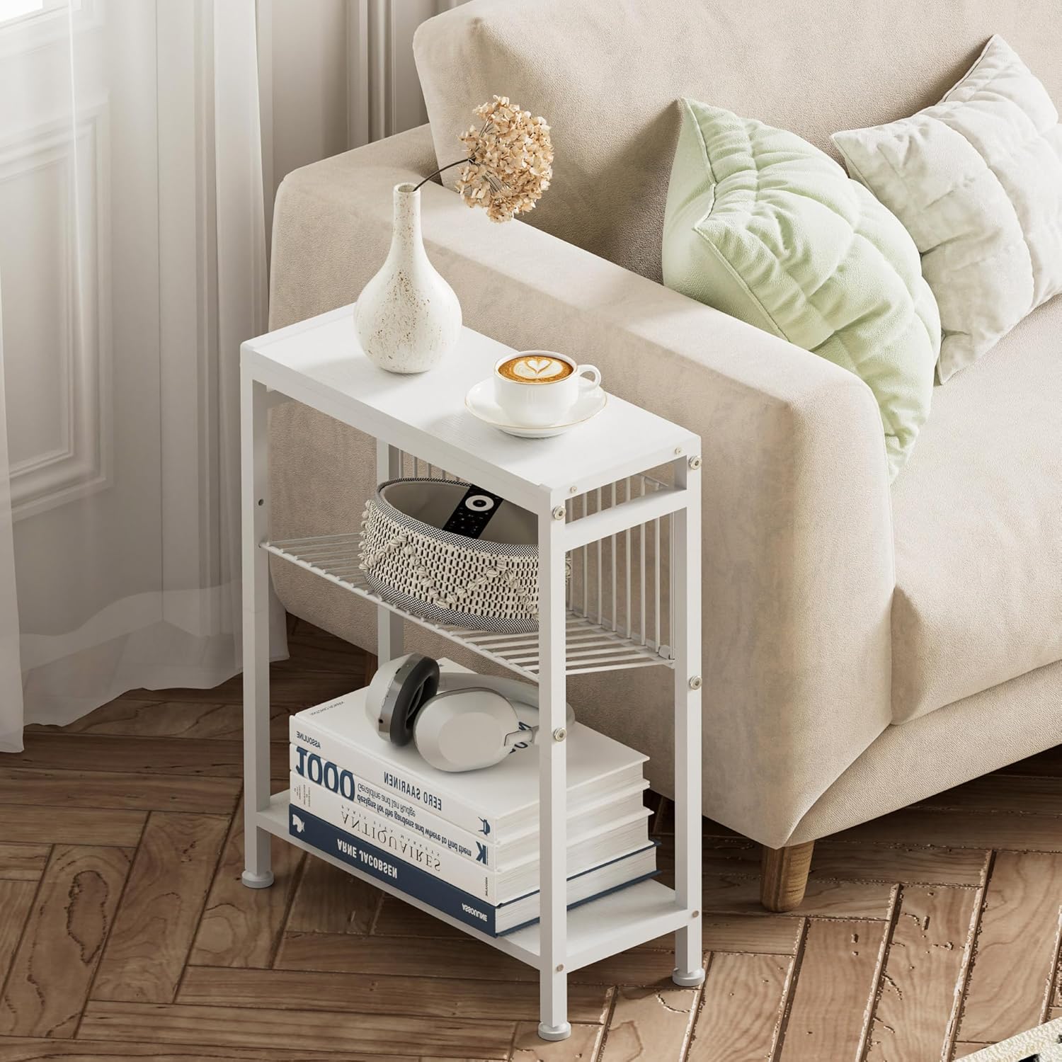 End Table for Small Space, 3-Tier Narrow Side Table with Magazine Holder,Small Nightstand, Skinny Snack Couch Table in Living Room, Bedroom Study and Balcony (White)