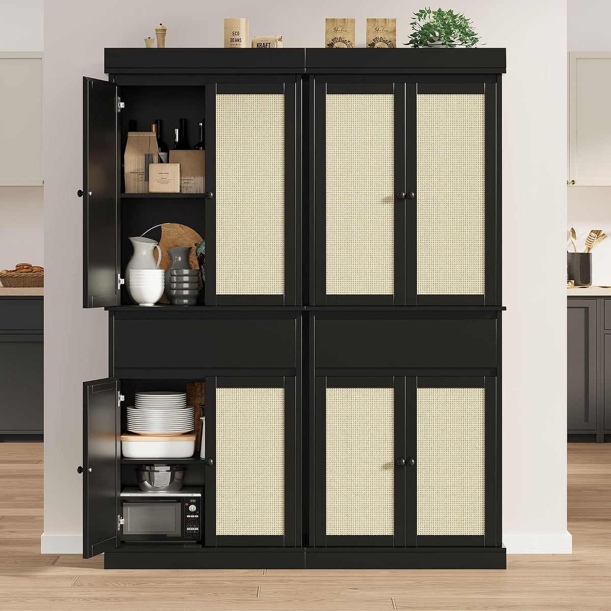 Slim Tall Pantry Cabinet - 4 Rattan Doors, Drawer, and 2 Adjustable Shelves - Freestanding Storage Cupboard for Entryway, Kitchen, Dining Room, Bathroom, or Office,Black