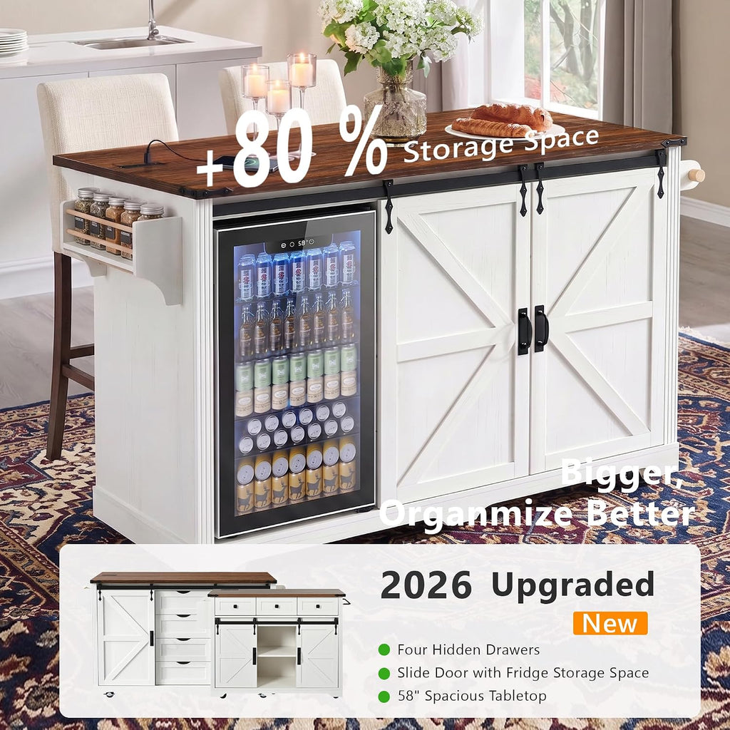 72" Rolling Kitchen Island with Mini Fridge Space & Power Outlet,White | Farmhouse Kitchen Cart Cabinet with Drop Leaf Table, 4 Drawers, Sliding Barn Doors & Wine Glass Holder