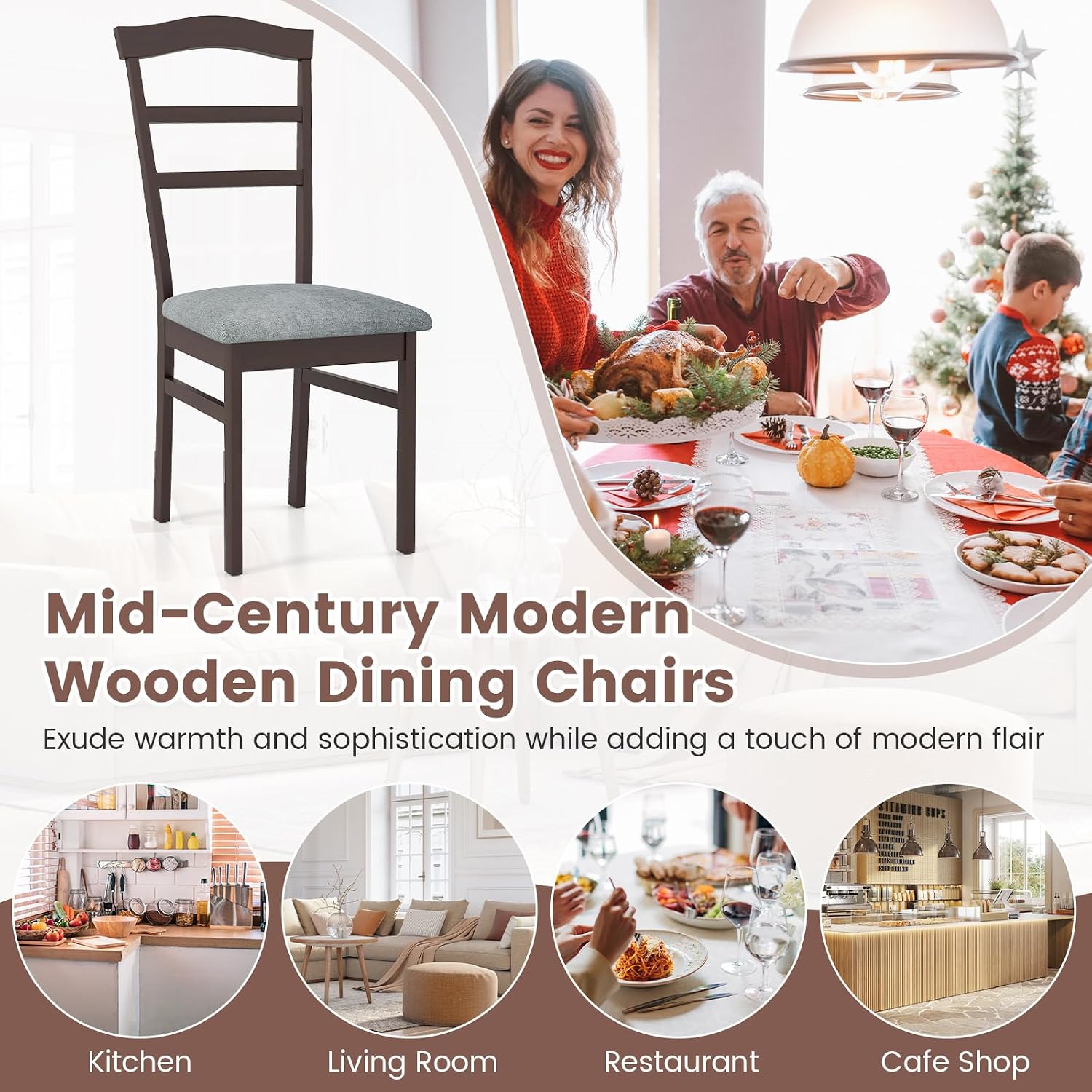Giantex Wooden Dining Chairs Set of 2, Upholstered Kitchen Chair w/Rubber Wood Frame, Linen Fabric Padded Seat, High Curved Back, Farmhouse Accent Side Chairs for Dining Living Room, Home