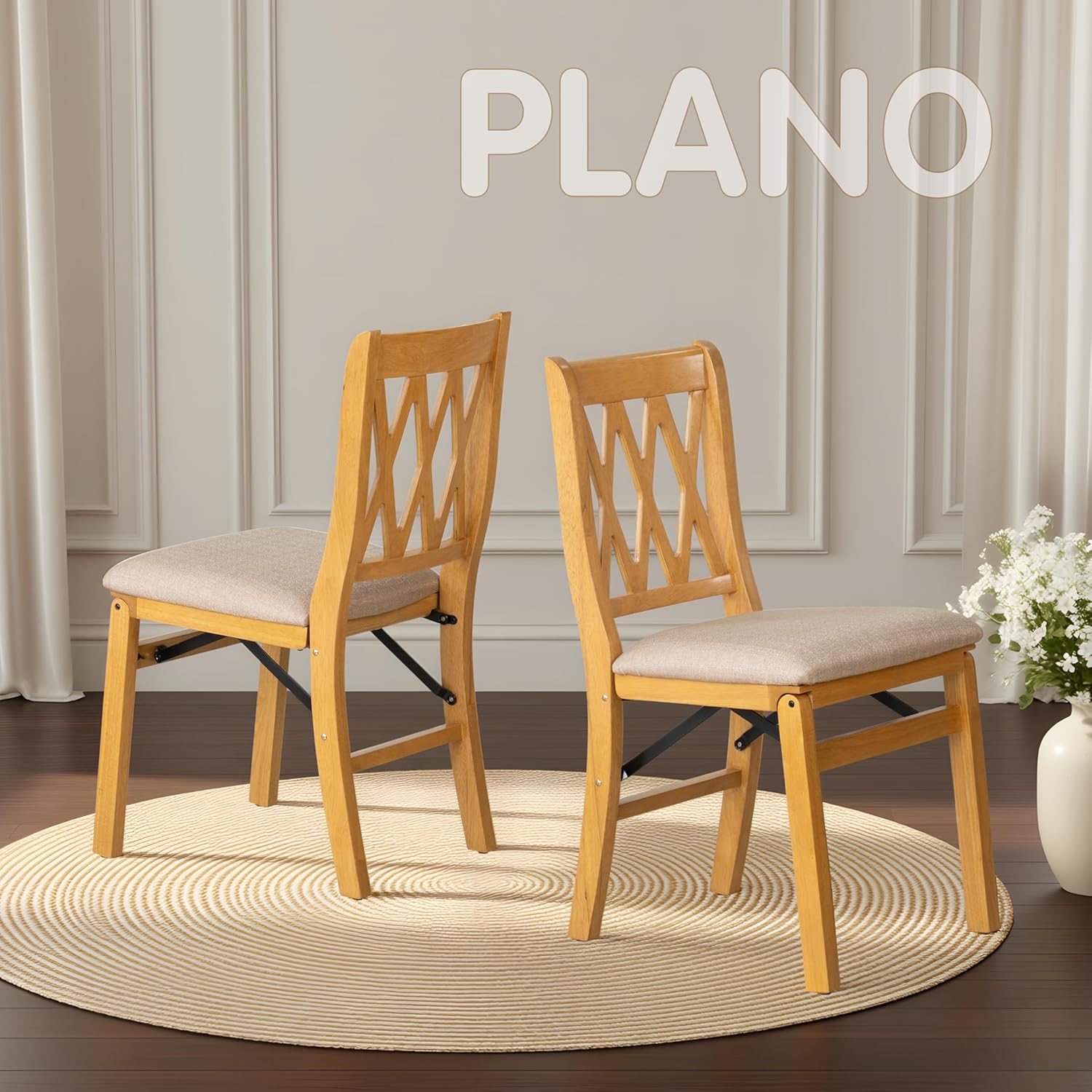 East West Furniture - PNC-OAK-03, A Solid Wood Plano Folding Dining Room Chairs with PU Leather Seat, 3-X Back Design, No Assembly Required, Set of 2, Oak Wood Finish