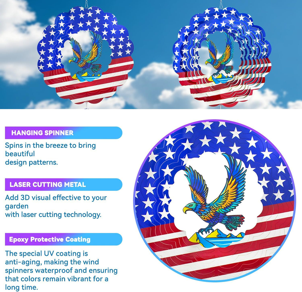 Wind Spinners,12 inch American Eagle with 360° Swivel Hook for Yard and Garden, Bird Wind Catcher, Metal Wind Spinners Outdoor for Lawn Hanging Crafts Decor Kinetic Yard Art Ornament Gifts