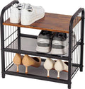 Shoe Rack, 3-Tier Shoe Organizer with Guardrails, Heavy-Duty Metal Mesh Shelves & Rustic Wooden Top for Stylish Closet & Front Door Storage