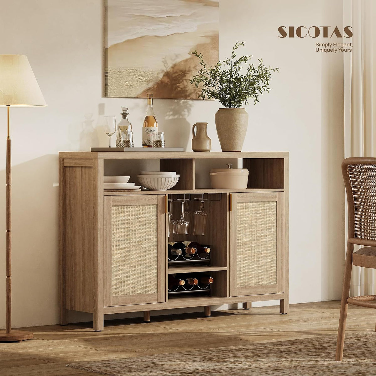 SICOTAS 51" Coffee Bar Cabinet with Storage, Rattan Bar Cart Liquor Cabinet | Large Home Bar Table Wine Cabinet with Wine Racks & Metal Glass Holders, Boho Sideboard Buffet Cabinet for Dining Living Room