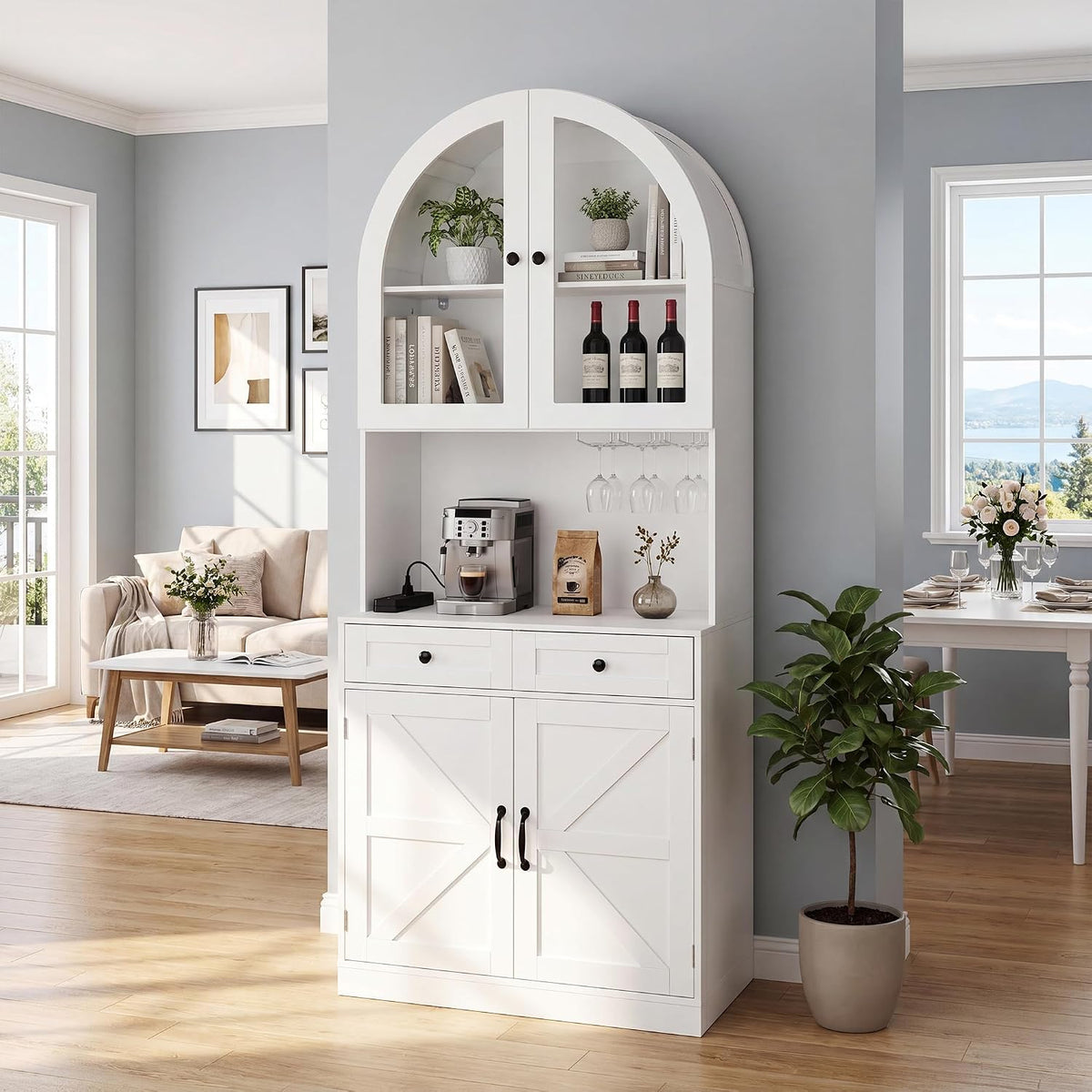 75" Farmhouse Tall Arched Pantry Cabinet with Charging Station & Bar, White | Adjustable Shelves, Open Countertop for Coffee Bar, empered Glass Door, Barn Door Lower Cabinet, Smooth-Glide Drawer