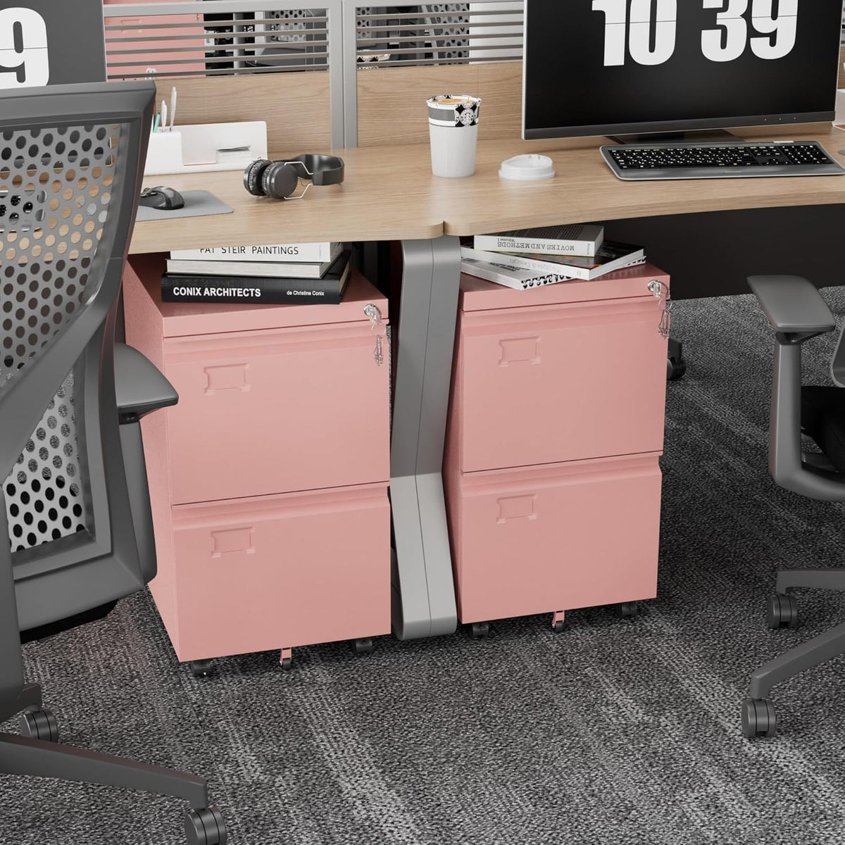 METAN 2 Drawer Metal File Cabinet with Lock, Mobile Rolling Filing Cabinet for Home Office, Under Desk Storage Holds Letter & Legal Size, 17.32" D x 14.56" W x 25.6" H, Assembly Required, Pink
