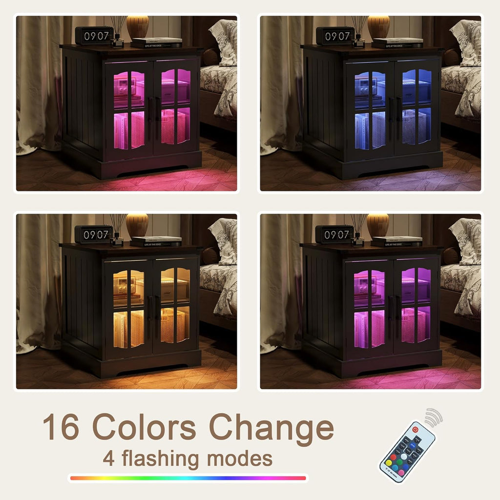 ChooChoo Farmhouse End Table Set of 2, 24" Large Sofa Side Table with Charging Station & LED Light, Black Nightstand with Adjustable Storage Shelf, Square Bedside Table for Living Room