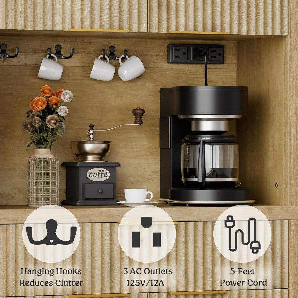Lulive 71" Fluted Pantry Cabinet with Charging Station, Natrual | Adjustable Shelves, Open Countertop, Drawer, Spacious Kitchen Storage