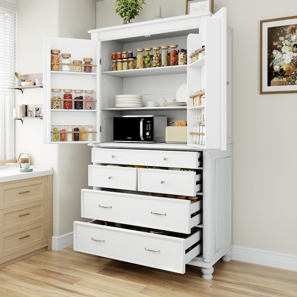 Freestanding Large Kitchen Pantry,Tall Storage Cabinet Cupboard with 6 Door Shelves, 2 Adjustable Shelves and 5 Drawers,for Dining Room (White-W)