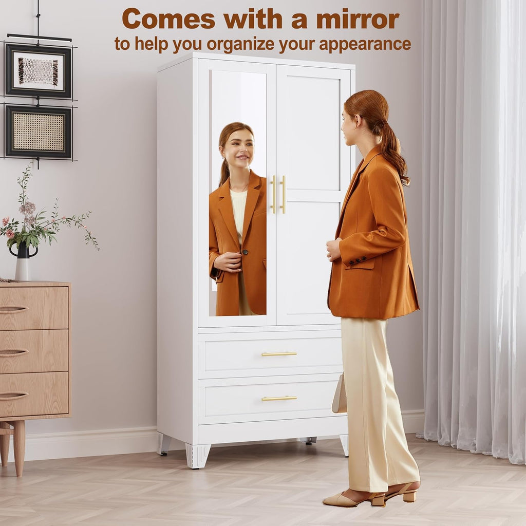 RIETERN Metal Armoire Wardrobe Closet, 71" Tall Bedroom Closet with Mirror | 2 Drawers, Adjustable Shelves, and Hanging Rod, Steel clothes closets and Storage, for Bedroom White
