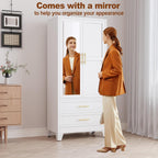 RIETERN Metal Armoire Wardrobe Closet, 71" Tall Bedroom Closet with Mirror | 2 Drawers, Adjustable Shelves, and Hanging Rod, Steel clothes closets and Storage, for Bedroom White