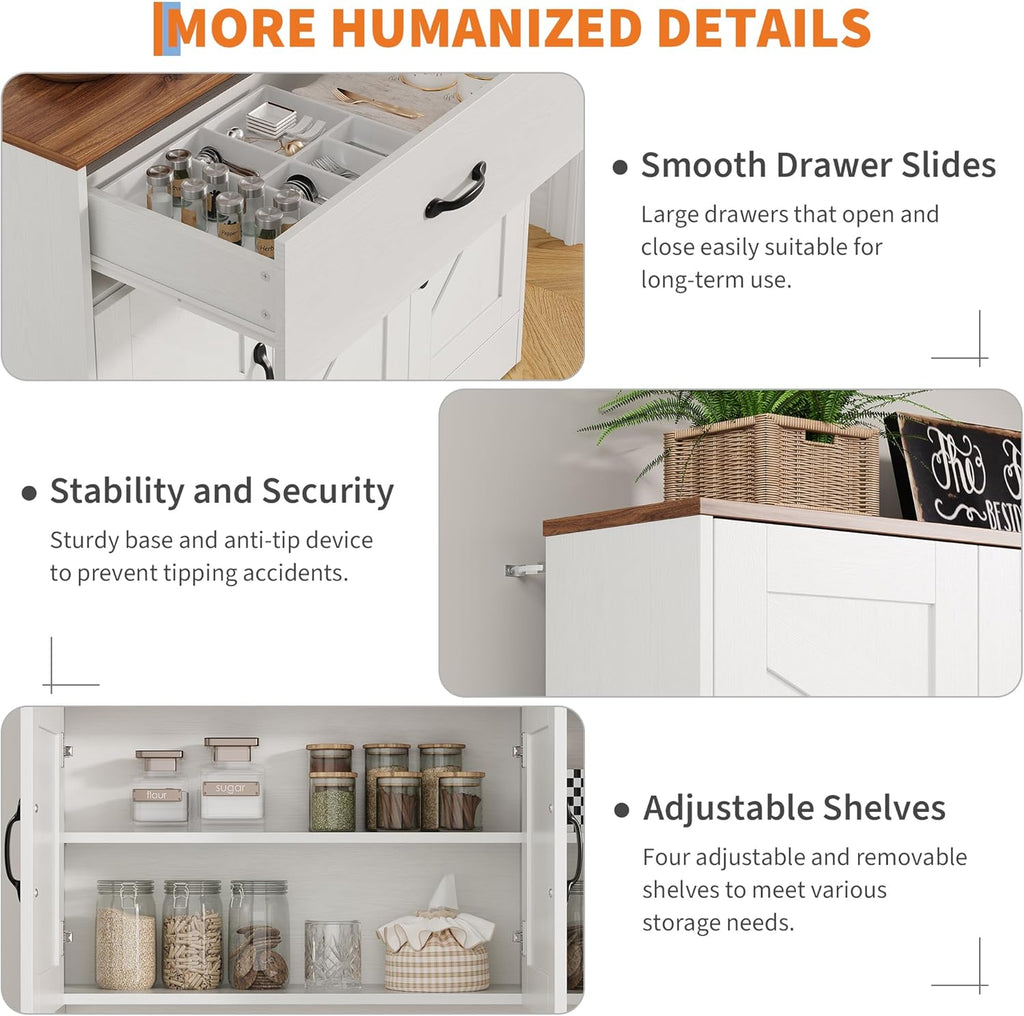 Garvee 71" Kitchen Pantry Cabinet with Charging Station, Kitchen Hutch Storage Cabinet with Large Countertop & 2 Drawers, Wood Farmhouse Food Pantry Cabinet for Dining Room, Living Room, White
