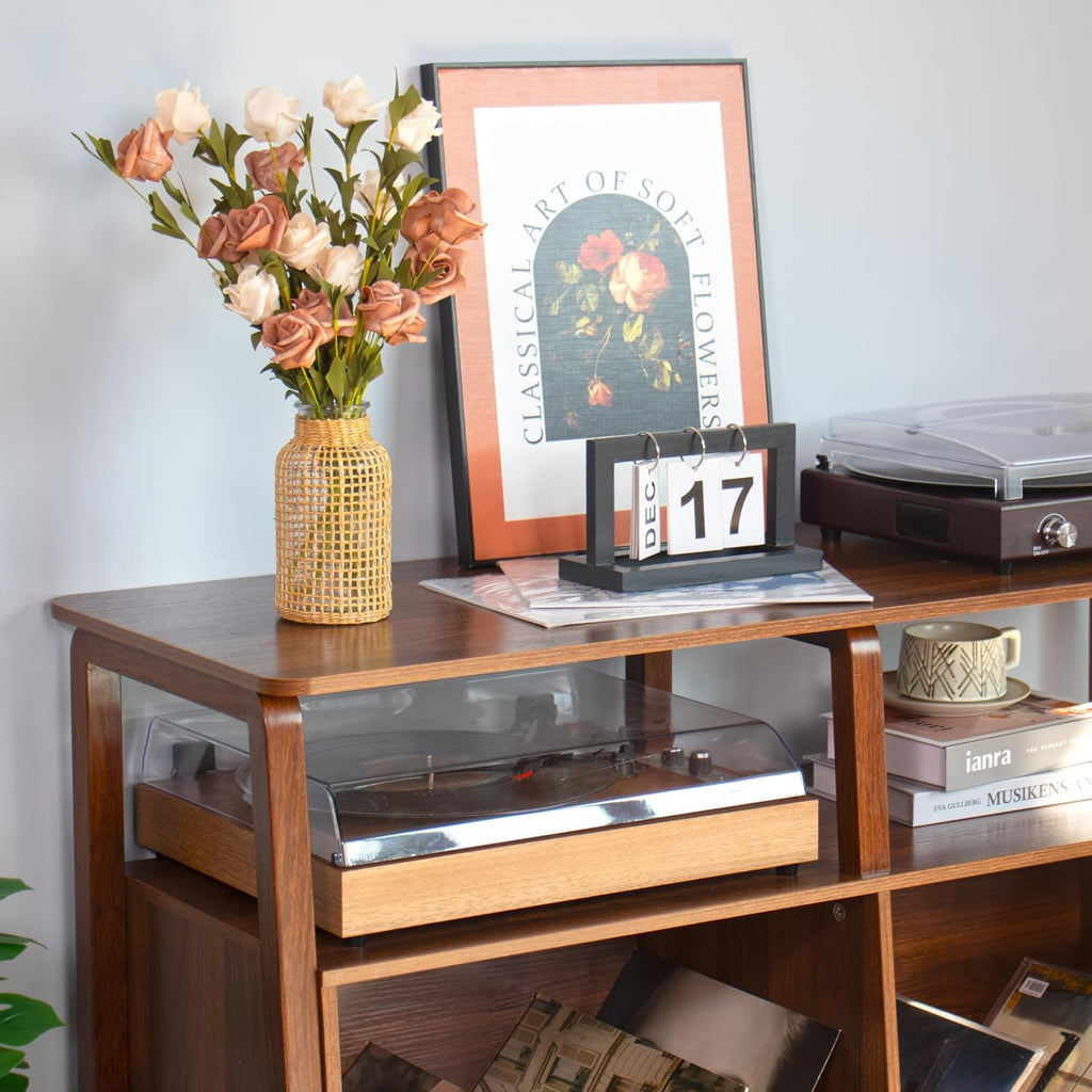 Mxtxmy Large Record Player Stand,with Open Storage Holds up to 300 Albums | Mid Century Turntable Stand Table,Vinyl Record Storage Display Shelf for Living Room Bedroom,Walnut