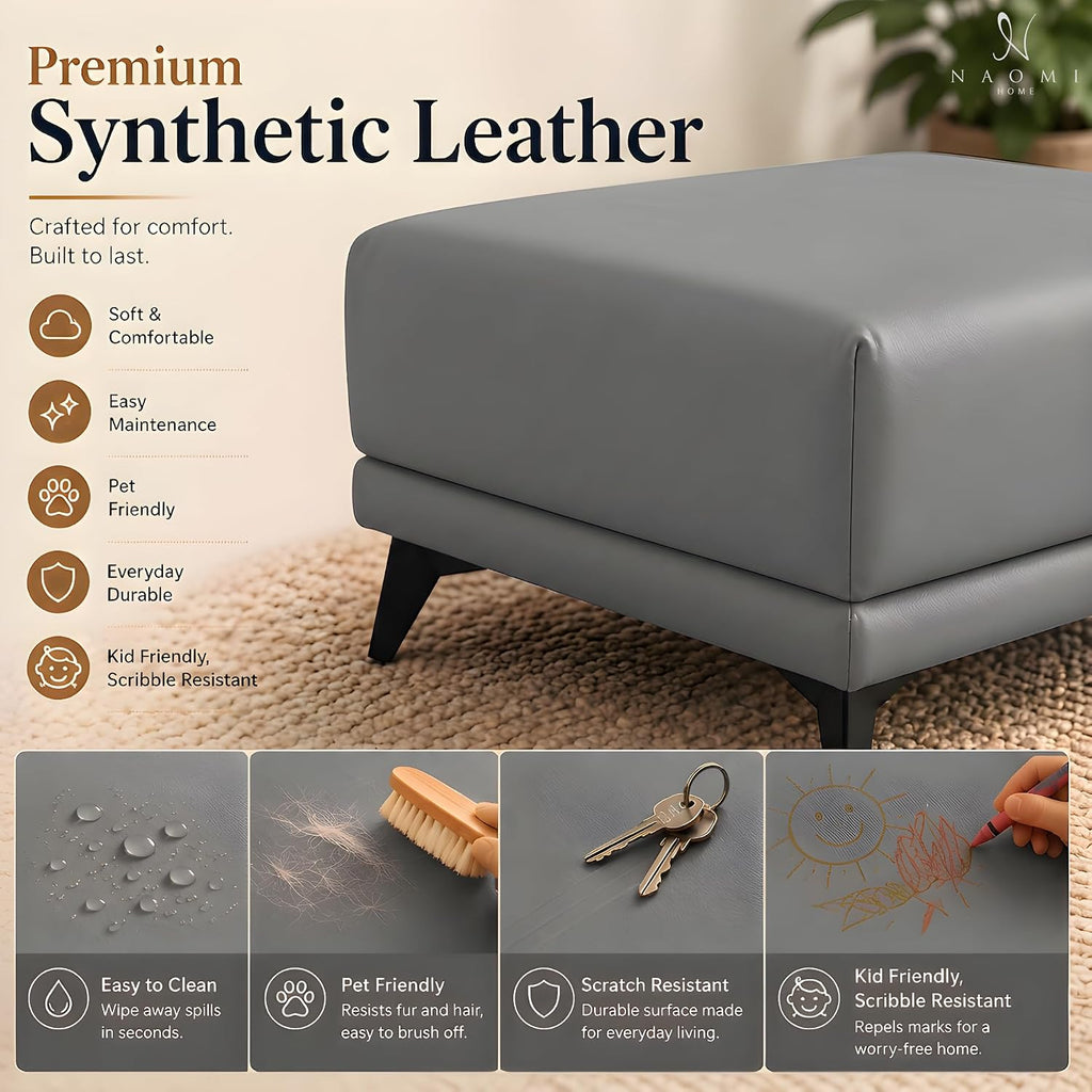 Naomi Home Dora 29.5" Square Ottoman | Synthetic Leather Footstool, Couch Footrest & Extra Seating for Living Room, Gray