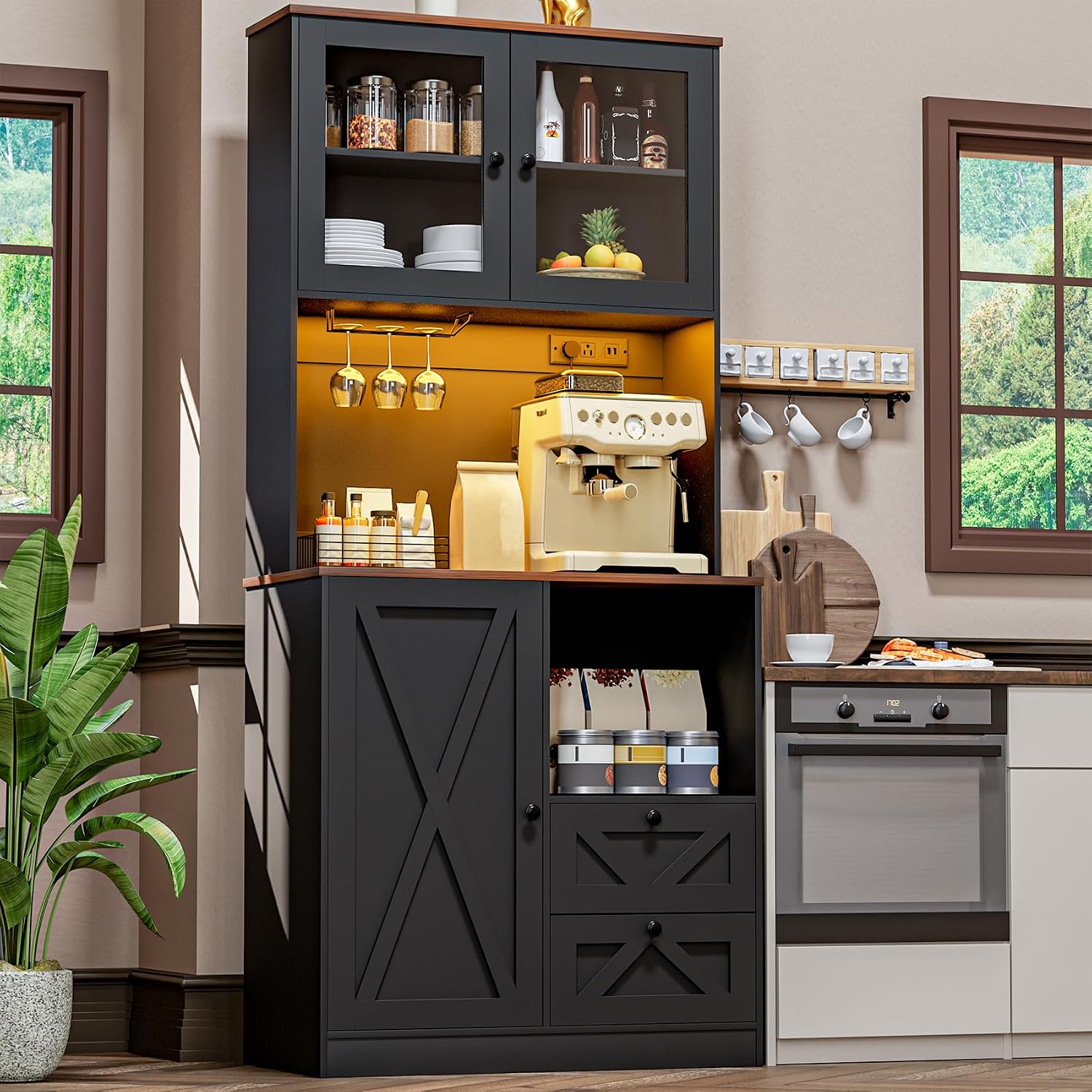 71‘’Kitchen Pantry Storage Cabinet with LED Lights and Power Outlet, Tall Farmhouse Kitchen Hutch with Microwave Stand,Globet Hooks and Adjustable Shelf for Dining Living Room,Black