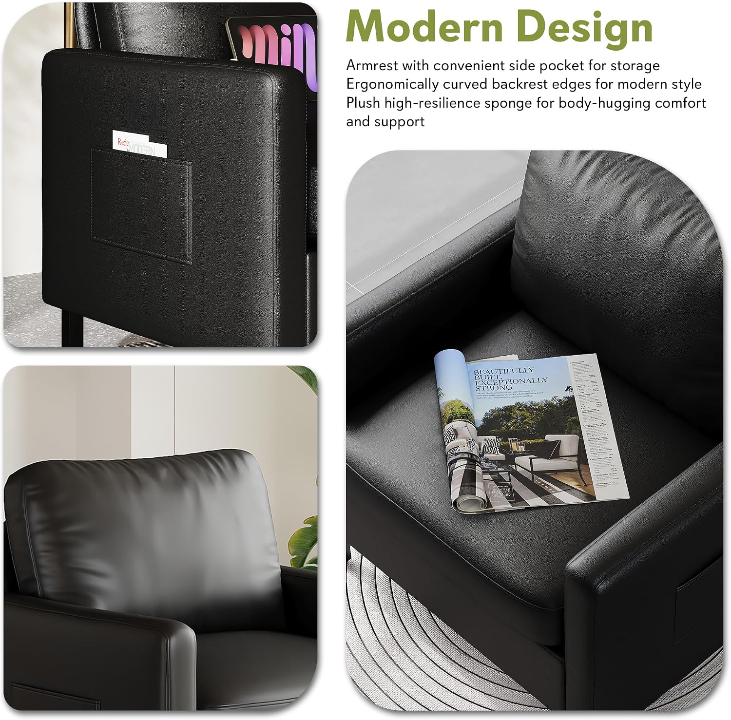 Black Faux Leather Accent Chairs Set of 2 with Arms, Waiting Room, Modern