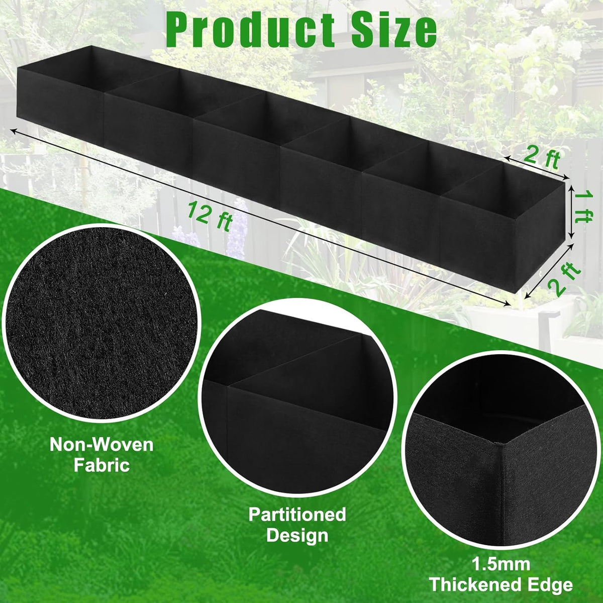 2Pack 12x2x1ft Fabric Raised Garden Bed - 6 Grids Plant Grow Bags, Outdoor Planter Box Non-Woven Fabric Patio Planting Bed Garden Grow Bed Bag for Growing Herbs, Flowers and Vegetables