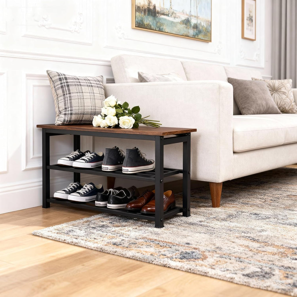 3-Tier Shoe Rack Bench, Rustic Brown Industrial Entryway Storage Organizer with Wood Seat and Multiple Shelves