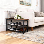 3-Tier Shoe Rack Bench, Rustic Brown Industrial Entryway Storage Organizer with Wood Seat and Multiple Shelves