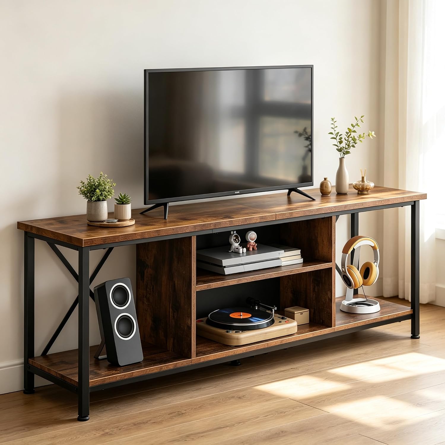 WLIVE Industrial TV Stand for Up to 65 inch TV, Heavy-Duty Metal Frame Entertainment Center with Adjustable Shelves & Cable Management, Media TV Console for Living Room Bedroom, Rustic Brown