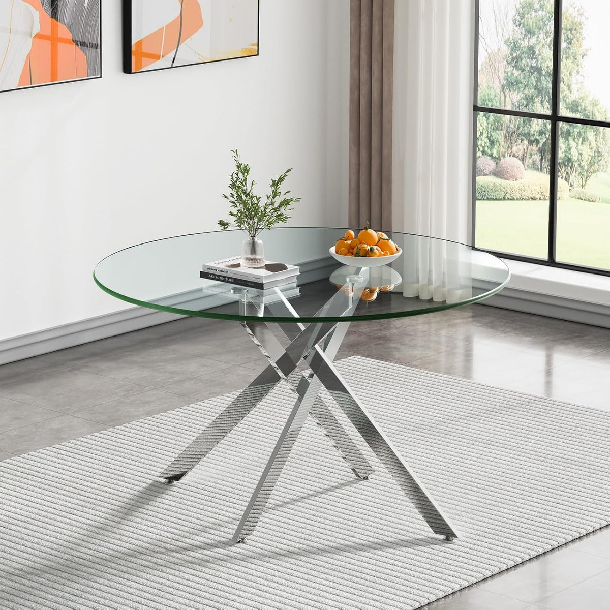 Henf 5 Piece Round Dining Table Set with 4 Chair, 47'' Round Glass Dining Room Table Set for 4, X-Shape Silver Metal Legs, Glass Kitchen Table and Chair Set for 4, Circular Dinner Desk for Kitchen