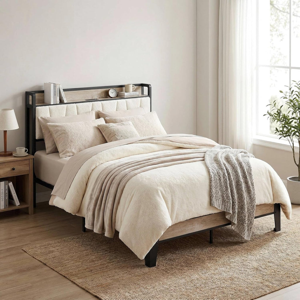 LIKIMIO Queen Bed Frame with Storage Headboard and Charging Station