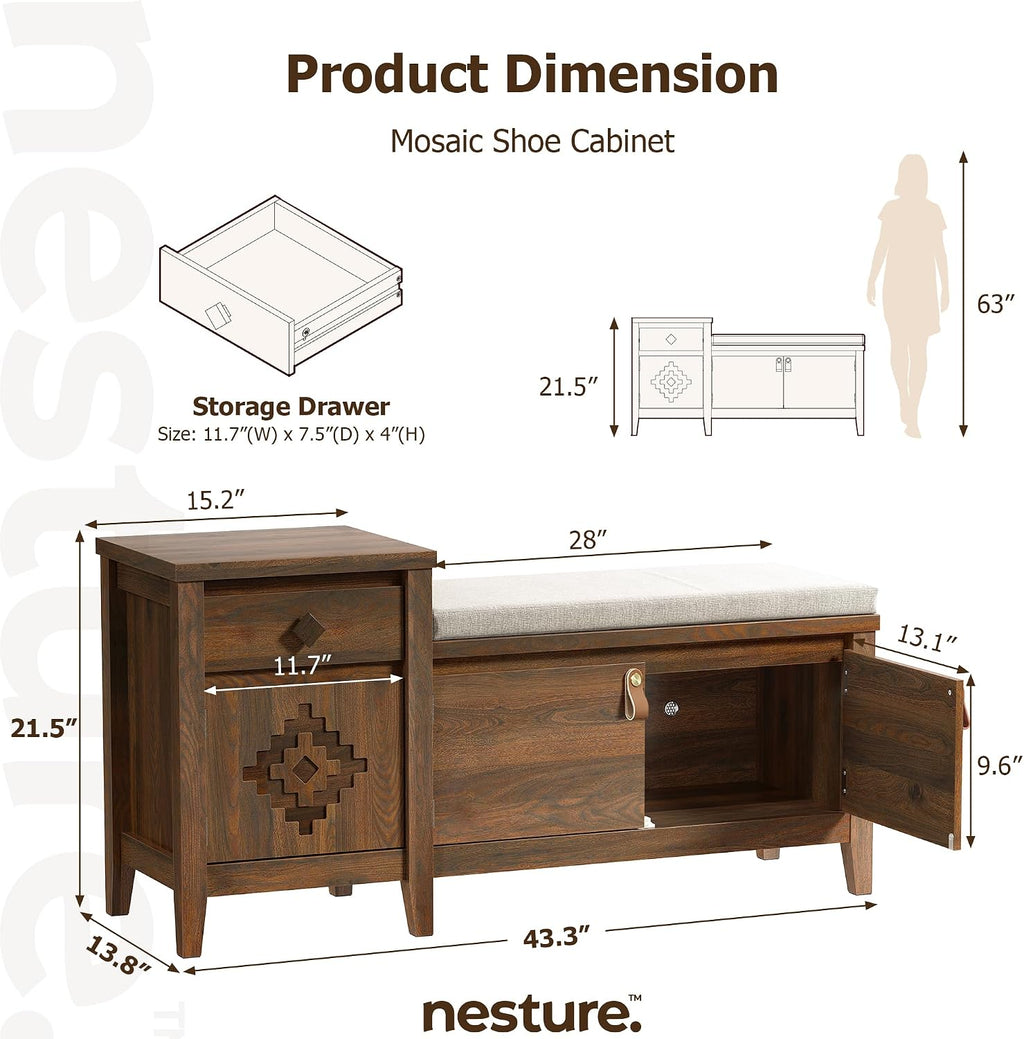 Entryway Bench with Storage, 3 in 1 Storage Bench with 1 Drawer and 2 Cubbies, 44" Rustic Wooden Seat with Cushion for Living Room, Bedroom, Entry Hall (Walnut)