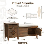 Entryway Bench with Storage, 3 in 1 Storage Bench with 1 Drawer and 2 Cubbies, 44" Rustic Wooden Seat with Cushion for Living Room, Bedroom, Entry Hall (Walnut)