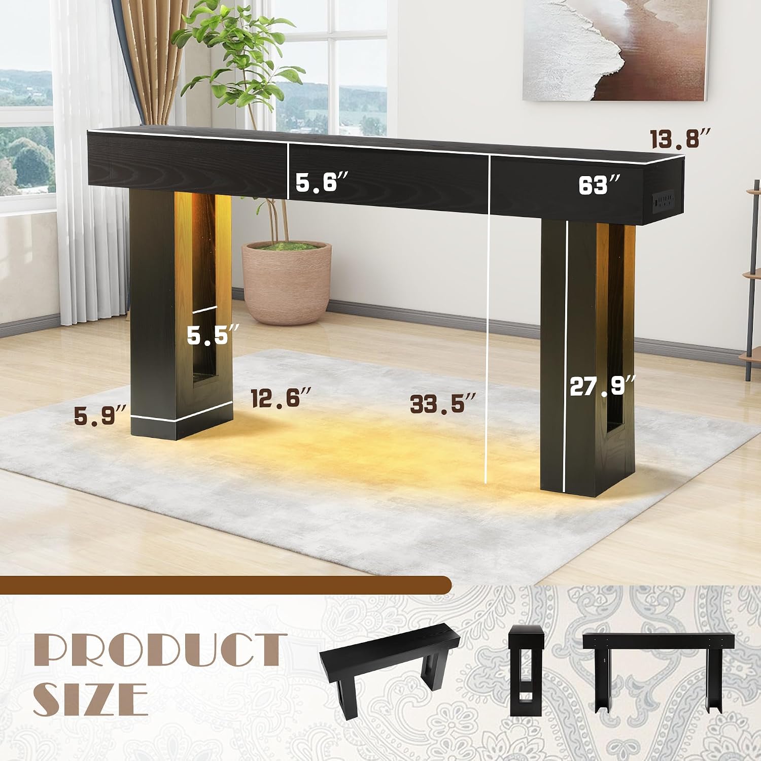 63" Extra-Long Modern Console Table with Charging Station, RGB LED Lights & Storage, Versatile Narrow Sofa Table Behind The Couch, Perfect for Entryway, Hallway or Living Room (Black Light)