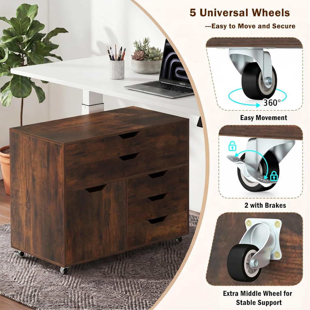 POWERSTONE Rolling File Cabinet 5-Drawer & One Side Door Storage Unit, Wood Printer Stand Drawer Cabinet with 5 Metal Wheels(2 Self-Locking) for Home Office, Coffee