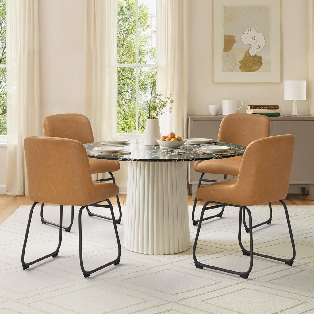 LUE BONA Comfortable Dining Room Chairs Set of 4, Modern Upholstered Kitchen Chairs with Padded Back & Thick Metal Legs, Brown PU Leather