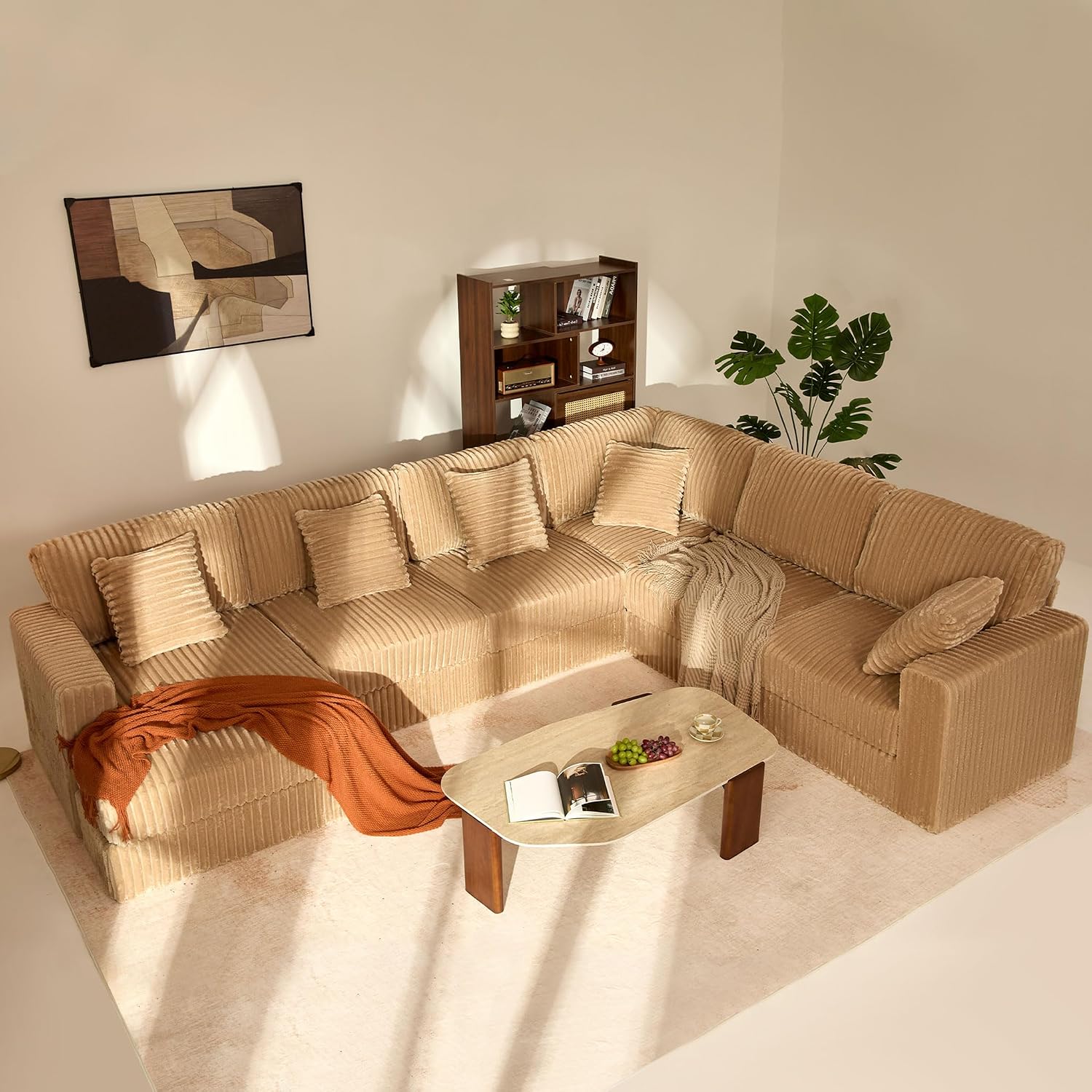 GOSUHI 139" U-Shaped Cloud Couch, Modular Sectional, Deep Seats, Camel | Pocket Spring Cushions, Oversized 7-Seater, Left Facing Chaise, Corduroy Upholstery Couches for Living Room