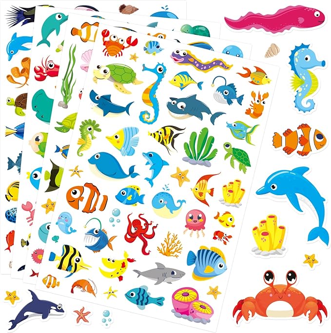 Cute Ocean Sea Animal Adhesive Stickers Tropical Fish Shark Stickers 890 Count for Boys Girls Birthday Invitations Envelopes Mermaid Under The sea Party Goodie Gifts Bags Decor Class Rewards