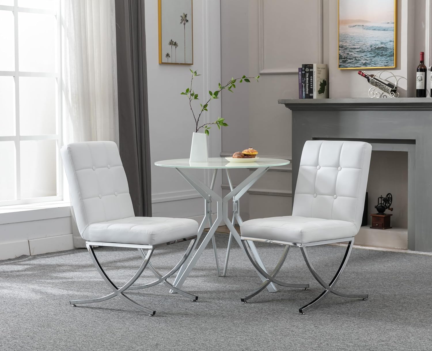 EALSON Modern Dining Chairs Set of 6, White Leather Upholstered Seater with Chrome Metal Legs and High Tufted Backs, Armless, for Dining Room/Kitchen/Restaurant Use
