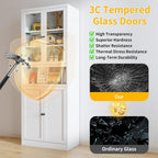 Kitchen Pantry Cabinet with Glass Doors, 72" Metal Storage Cabinet with 4 Adjustable Shelves, Kitchen Pantry with Hooks for Home, Living Room, Assemble Required (White)