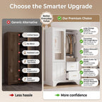 LIKIMIO Armoire Wardrobe with Mirror, 3-Door Hanging Rod & Drawers | 3-door armoire with mirror. Hanging rod, 2 drawers, 4 hooks. P2 MDF, anti-tip.