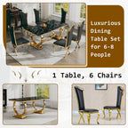 Luxury 7 Piece Marble Dining Table Set with 6 High Backrest Chairs, 70" Faux Marble Kitchen Table with Double O-Shaped Stainless Steel Base, Dining Room Set for Kitchen, Living Room