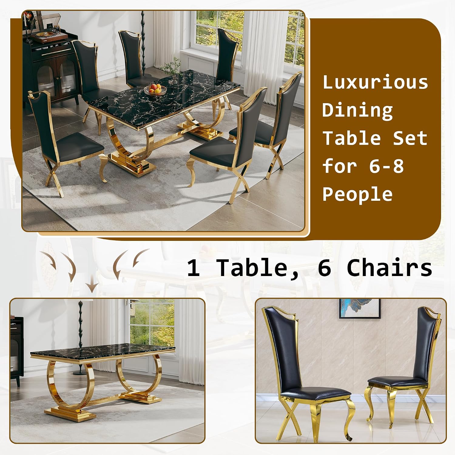 Luxury 7 Piece Marble Dining Table Set with 6 High Backrest Chairs, 70" Faux Marble Kitchen Table with Double O-Shaped Stainless Steel Base, Dining Room Set for Kitchen, Living Room