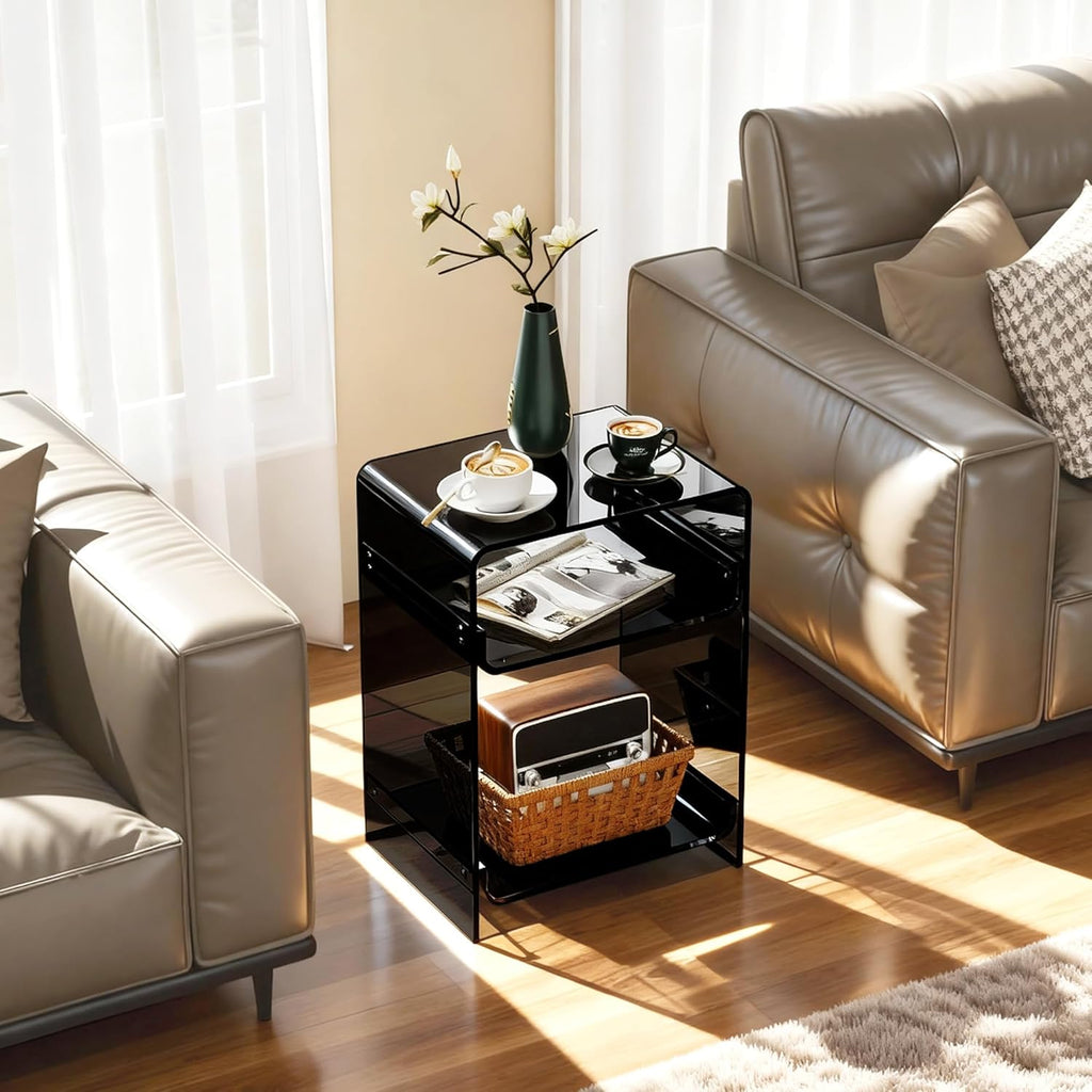 Acrylic Record Player Table with Storage Shelf, Clear Side Table Nightstand (Black, Medium)
