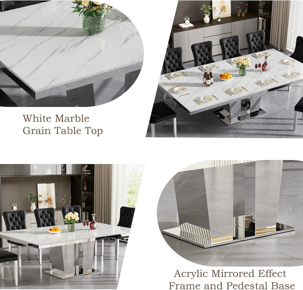 63"-94" Modern Extendable Dining Room Table for 6 8 10, Large White Faux Marble Expandable Kitchen Table with Mirrored Columnar Pedestal Base for Home Kitchen Dining Room Family Gathering