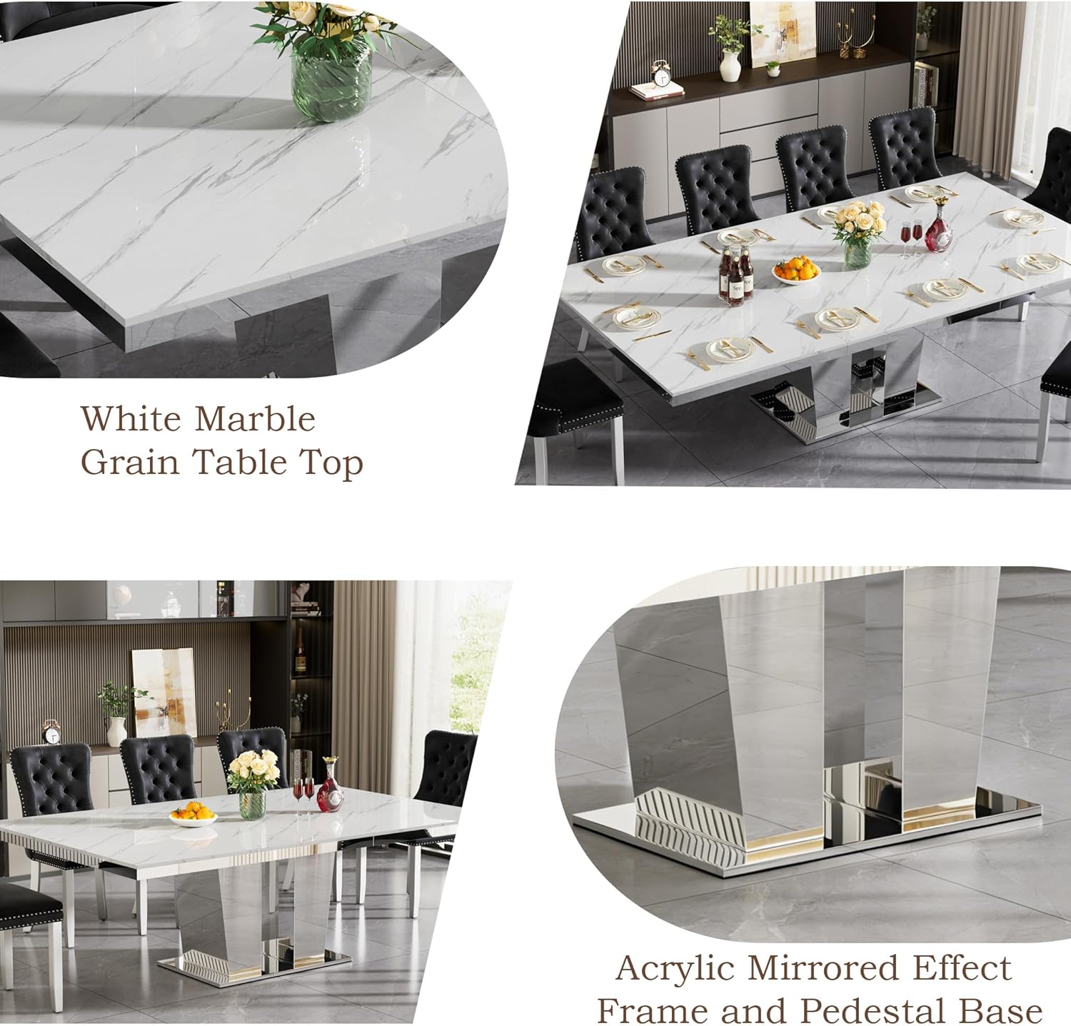 63"-94" Modern Extendable Dining Room Table for 6 8 10, Large White Faux Marble Expandable Kitchen Table with Mirrored Columnar Pedestal Base for Home Kitchen Dining Room Family Gathering