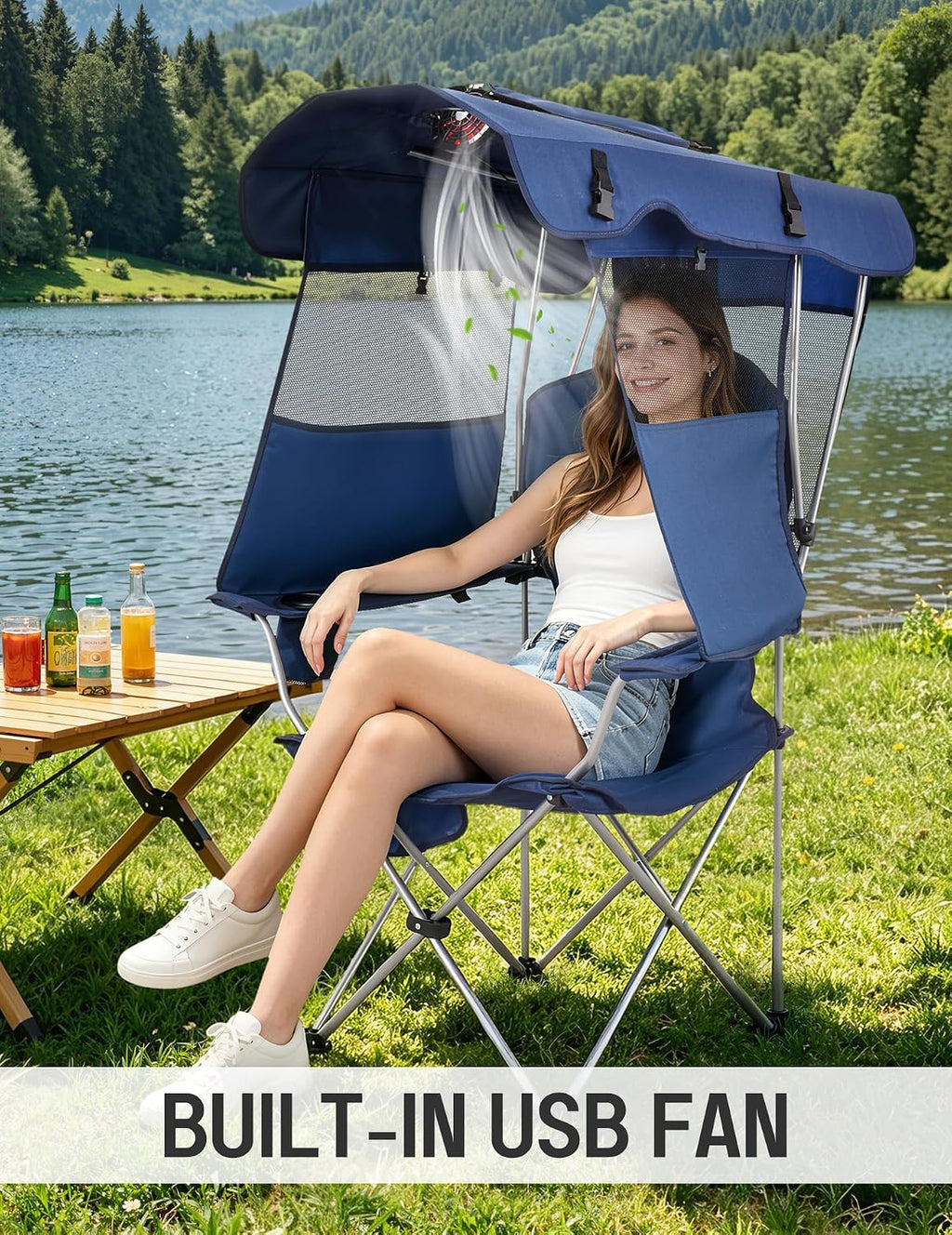 East Oak Camping Chair with Canopy & Fan, 25" High Back Canopy Chair with Powerful & Quiet USB Fan (Battery Not Included), 330 lbs Heavy Duty Beach Chair with Canopy Shade