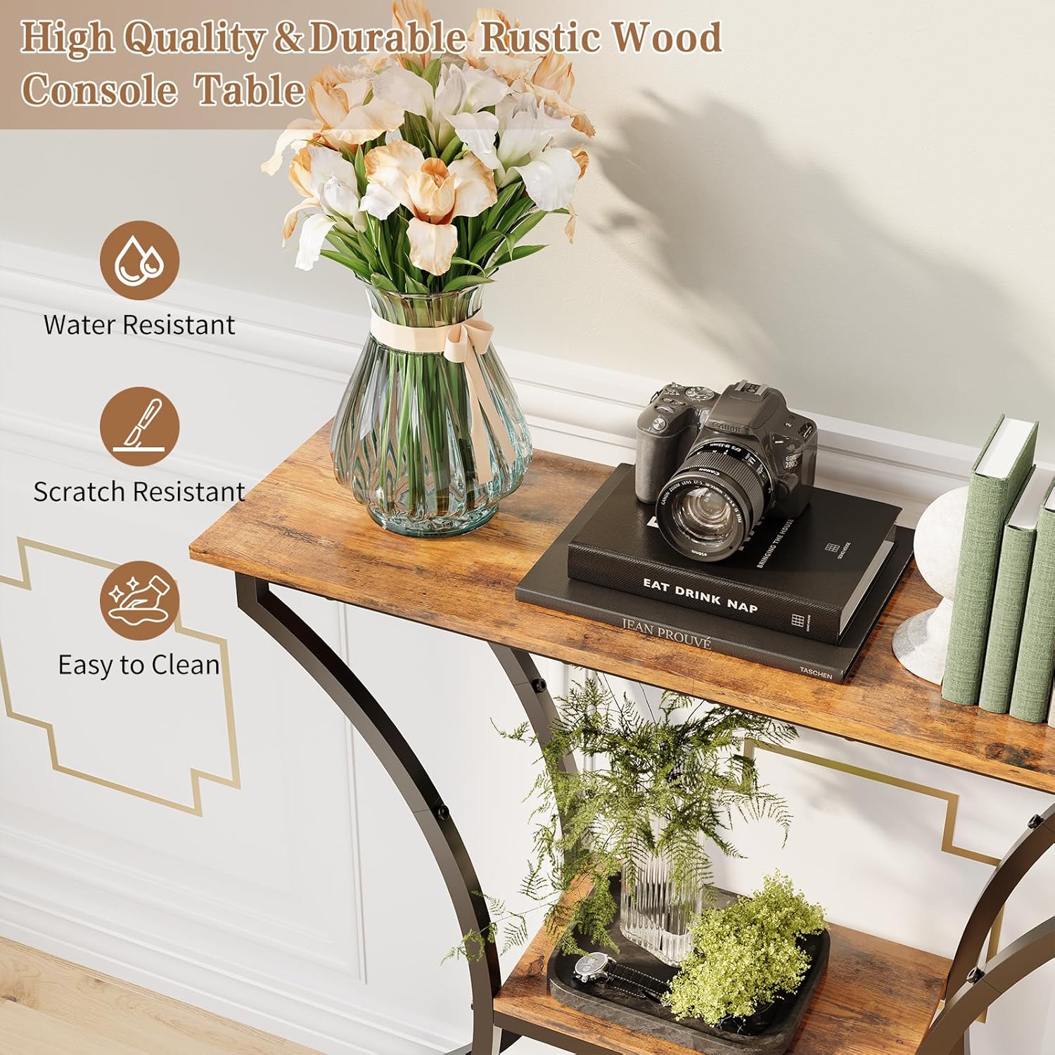 HavenlyYouth Narrow Console Table for Entryway, Industrial 3-Tier Sofa Table Behind Couch, 29.5" Height TV Stand with Storage Shelves for Living Room, Hallway, Entrance, Foyer, Rustic Brown