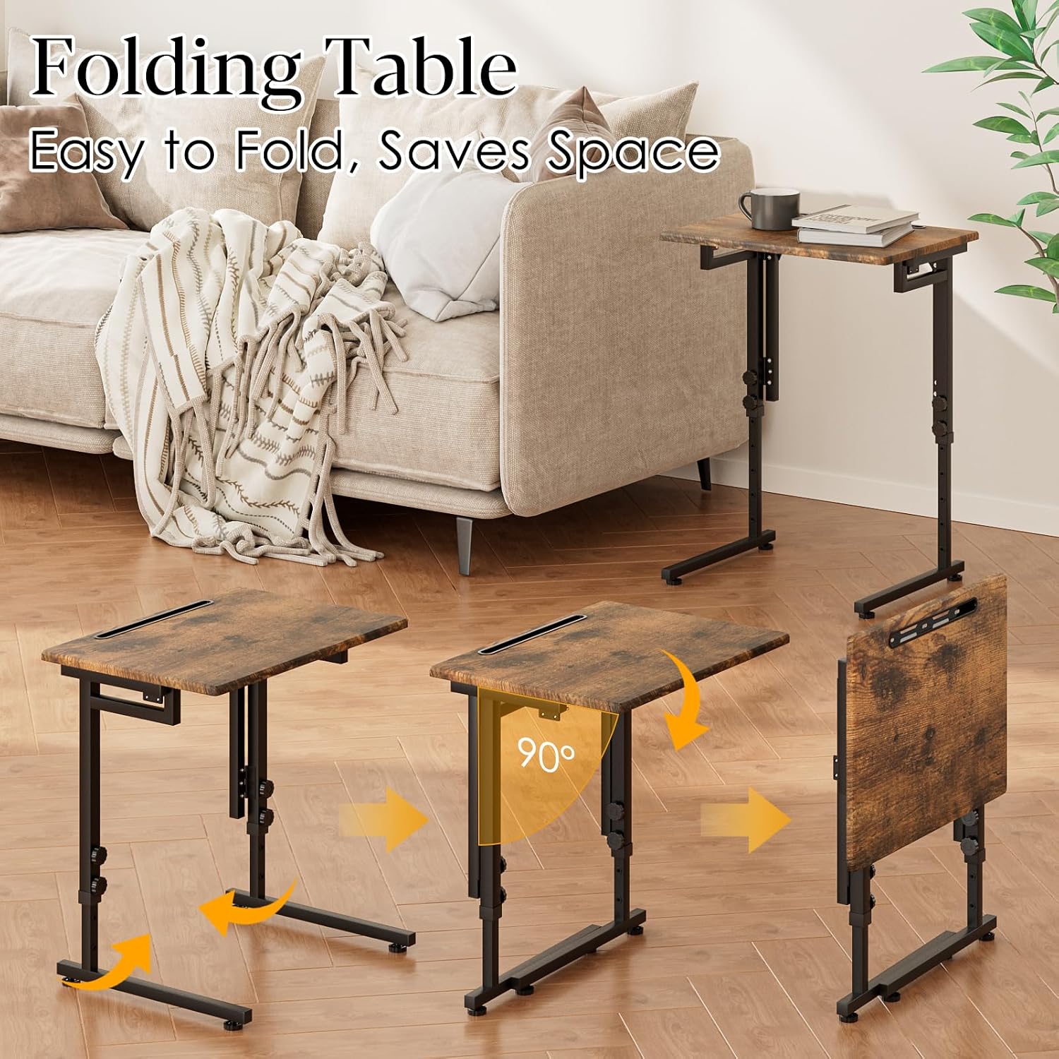 Adjustable Folding TV Tray Table,TV Dinner Small Foldable C-Shaped End Table for Eating,6 Height Adjustable Slide Under Couch Side with Sturdy MDF Top,No Assembly(Brown,2Pcs)
