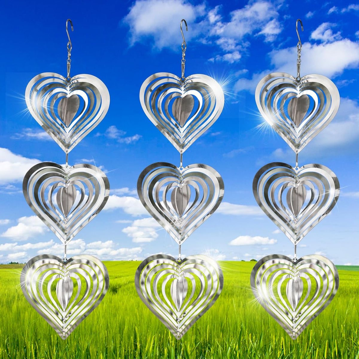 9 Heart Bird Scare Discs Set-Highly Reflective Double-Sided Bird Reflectors, Stainless Steel Wind Spinner with 360° Rotating Hook, Mirrored Wind Chime Decor for Yards, Gardens, Balconies & Orchards