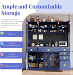 Merax Freestanding 63" W Buffet with Hutch, Large Coffee Bar Storage Cabinet with 6 Drawers, 5 Cabinets with Adjustable Shelves, Pegboard, Towel Rack, Blue
